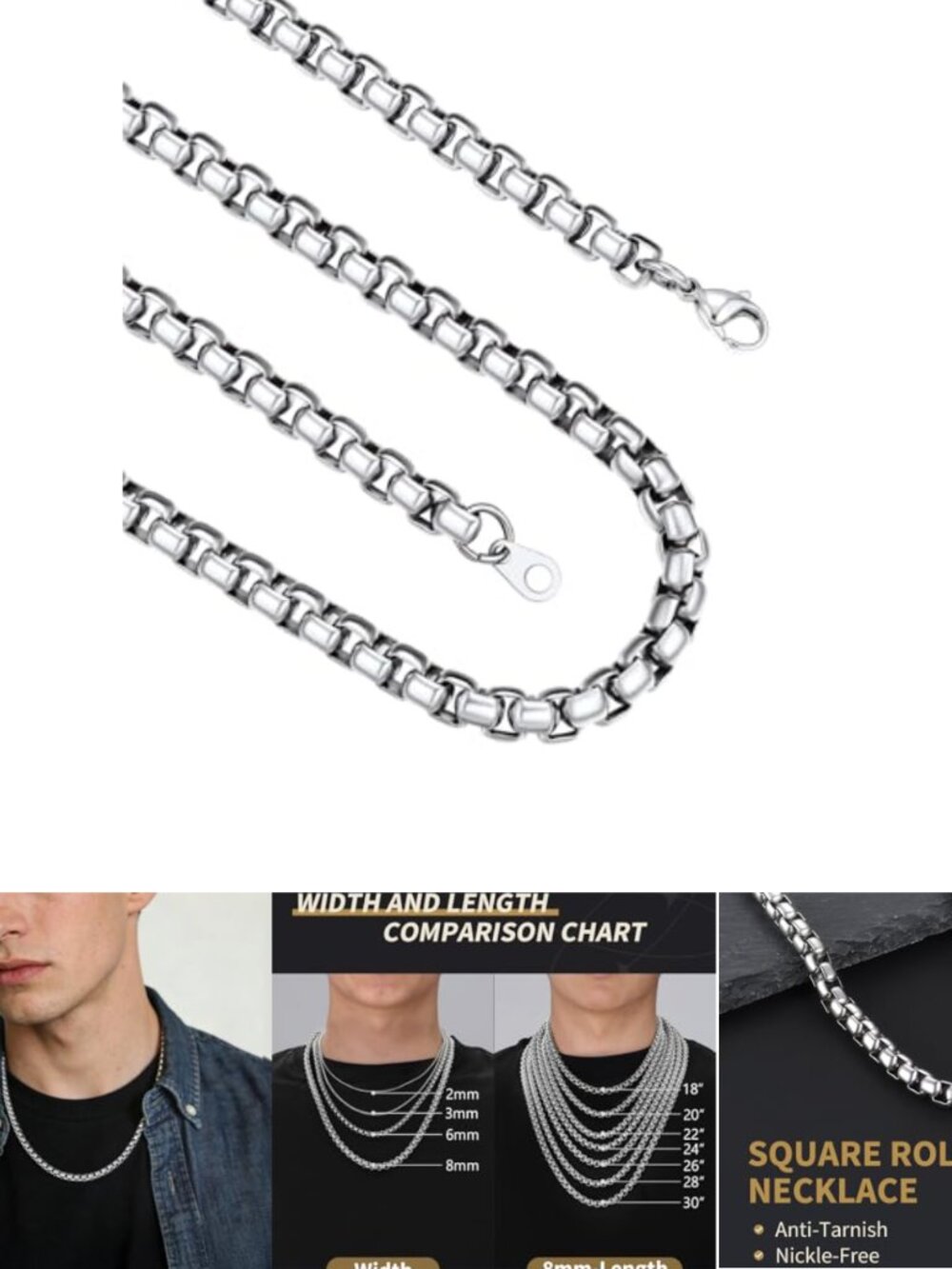 Stainless Steel Box Chain Necklace for Men Hip Hop Jewelry